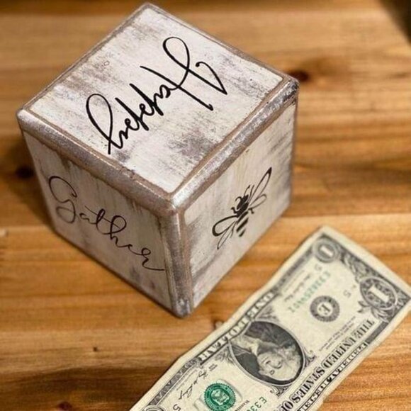 Wood Cube Farmhouse Decoration-Spring Happy Gather flower bee bicycle dice shape - Picture 4 of 6